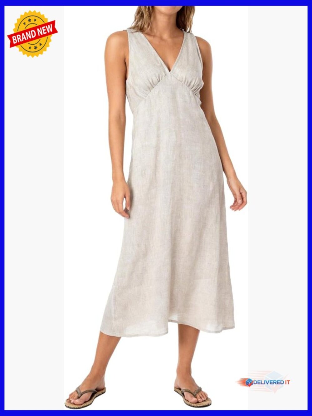 Linen Sleeveless V Neck A-Line Midi Beach Summer Dress